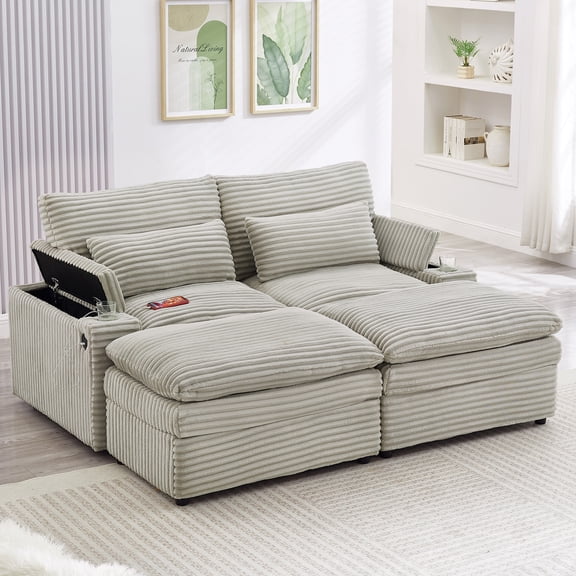 Harper & Bright Designs Loveseat Sofa with Two Movable Ottomans, Free-combined Sectional Convertible Sofa Bed with Storage, Chaise Indoor Lounge with USB Ports and Cup Holders, Grey