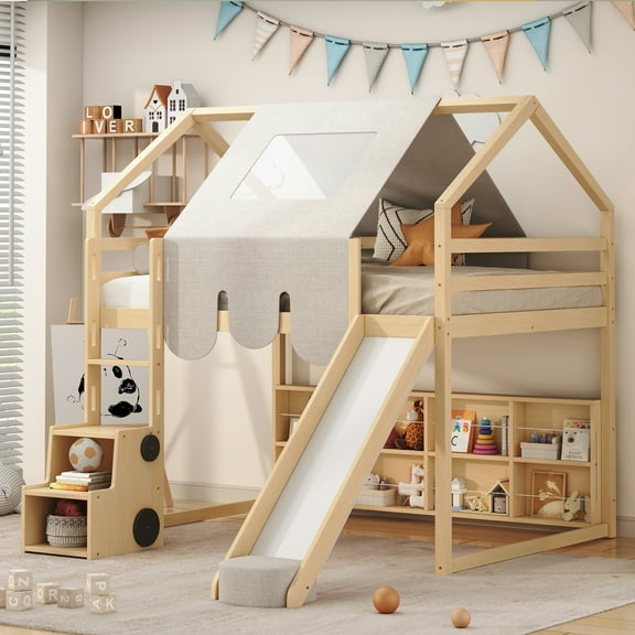 Harper & Bright Designs Low House Loft Bed with Slide and Storage Shelves, Wood Twin Playhouse Loft Bed Frame with Tent & Stairs, Twin Storage Bed for Boys Girls, Natural