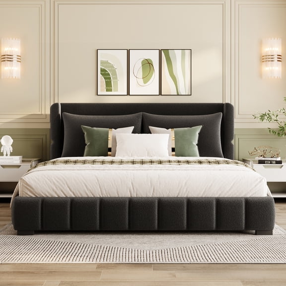 Harper & Bright Designs Low Velvet Platform Bed Queen Size with Headboard, Queen Upholstered Wingback Platform Bed with 2 Pillows and Slat Support for Bedroom, Black