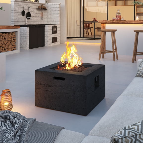 Harper & Bright Designs MGO Outdoor Square Fire Pit with Steel Burner, Lightweight 24.02-inch Propane Fire Pit Table with Adjustable Flame, 40, 000 BTU, Lava Rocks, and Rain Cover for Patio, Black