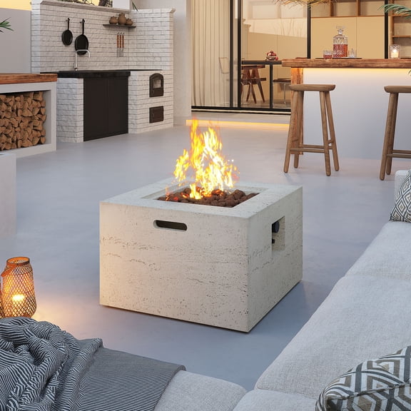 Harper & Bright Designs MGO Outdoor Square Fire Pit with Steel Burner, Lightweight 24.02-inch Propane Fire Pit Table with Adjustable Flame, 40, 000 BTU, Lava Rocks, and Rain Cover for Patio, Beige