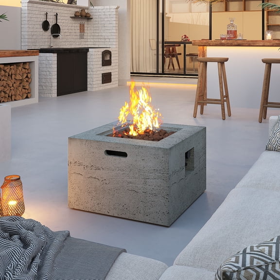 Harper & Bright Designs MGO Outdoor Square Fire Pit with Steel Burner, Lightweight 24.02-inch Propane Fire Pit Table with Adjustable Flame, 40, 000 BTU, Lava Rocks, and Rain Cover for Patio, Gray