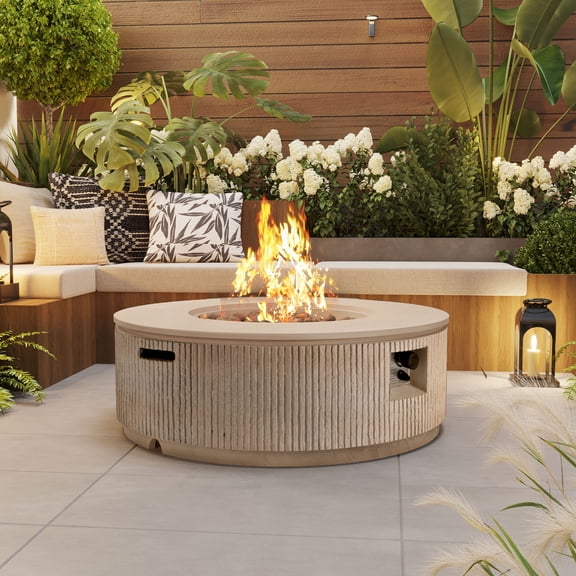 Harper & Bright Designs MGO Propane Outdoor Fire Pit with Vertical Stripe Design, 50000 BTU Round Fire Pit Table with Steel Burner, Adjustable Flame Control, Lava Rocks & Rain Cover for Patio, Brown