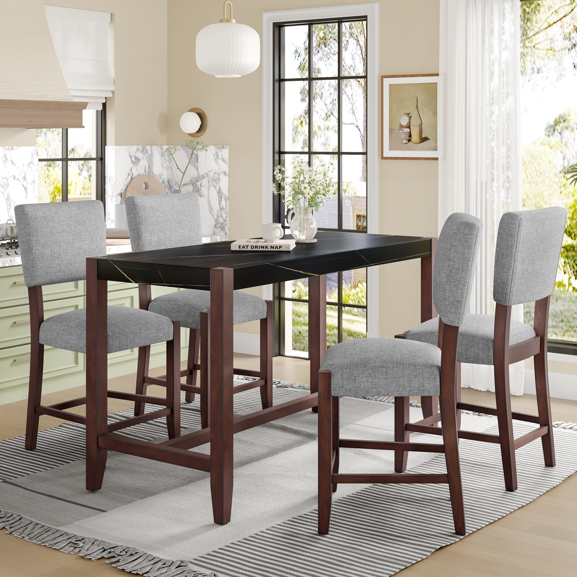 Harper & Bright Designs Marble Counter Height Dining Table Set for 4, 5 ...