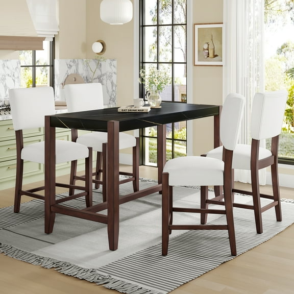 Harper & Bright Designs Marble Counter Height Dining Table Set for 4, 5 Pieces Bar Table Set with 4 Upholstered Chairs for Dining Room Pub Kitchen Small Place, Black+Beige