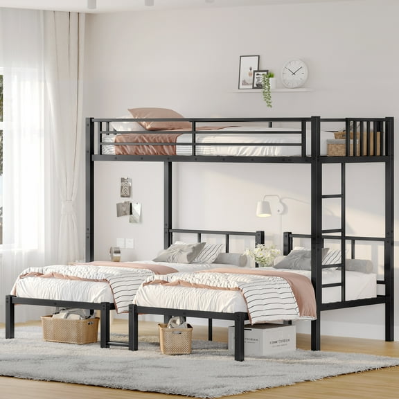 Harper & Bright Designs Metal Bunk Bed Twin over Twin & Twin with Guardrail, Twin XL over Twin & Twin Size Detachable Metal Triple Bunk Bed for 3, Black
