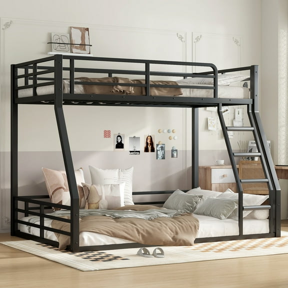 Harper & Bright Designs Metal Bunk Bed Twin over Full with Stairs, Heavy-Duty Floor Bunk Bed Frame with Guardrails for Bedroom, Black