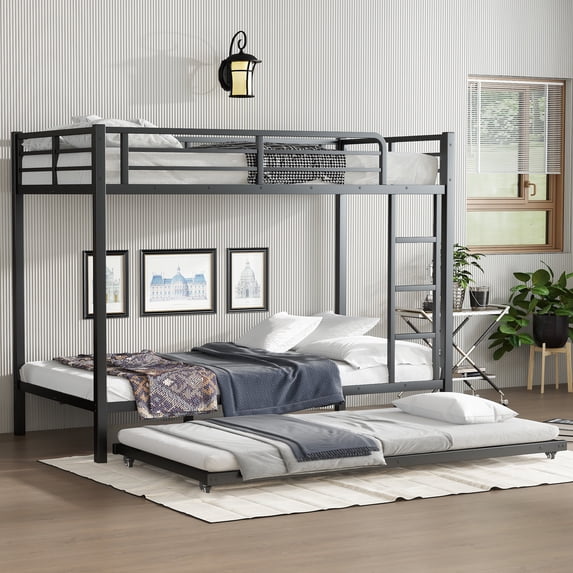 Harper & Bright Designs Metal Bunk Bed with Twin Size Trundle, Twin XL over Twin XL Bunk Bed Frame with Guardrail and Stairs, Black