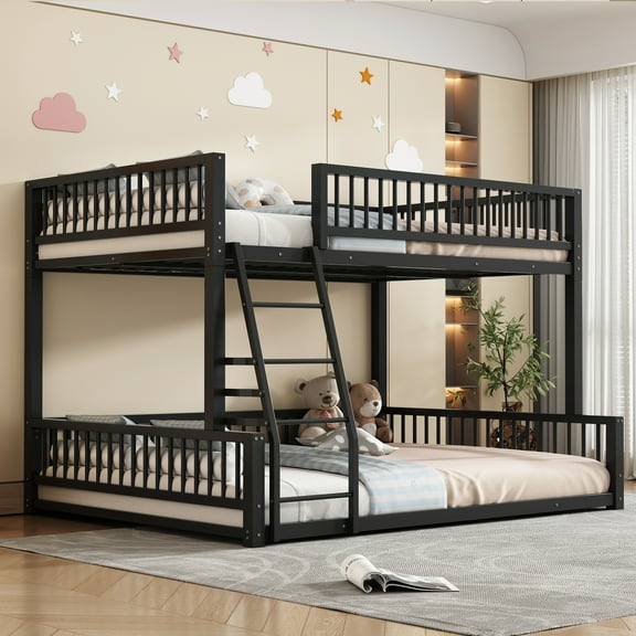 Harper & Bright Designs Metal Full XL Over Queen Bunk Bed, Floor Bunk Bed Frame with Ladder and Safety Guardrails, Can be Converted Into Two Bed, Black