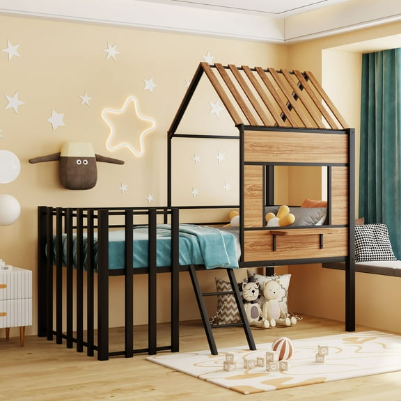 Harper & Bright Designs Metal Loft Bed with Roof and Window, Twin Size House Bed Frame with Ladder and Full-Length Guardrail for Boys Girls Bedroom, Black