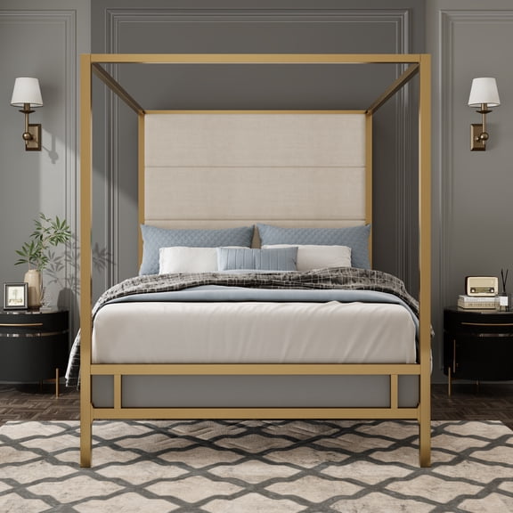Harper & Bright Designs Metal Queen Canopy Bed Frame with Tall Headboard, Velvet Upholstered Gold 4-Poster Bed with Slat Support for Bedroom, Gold,Tan