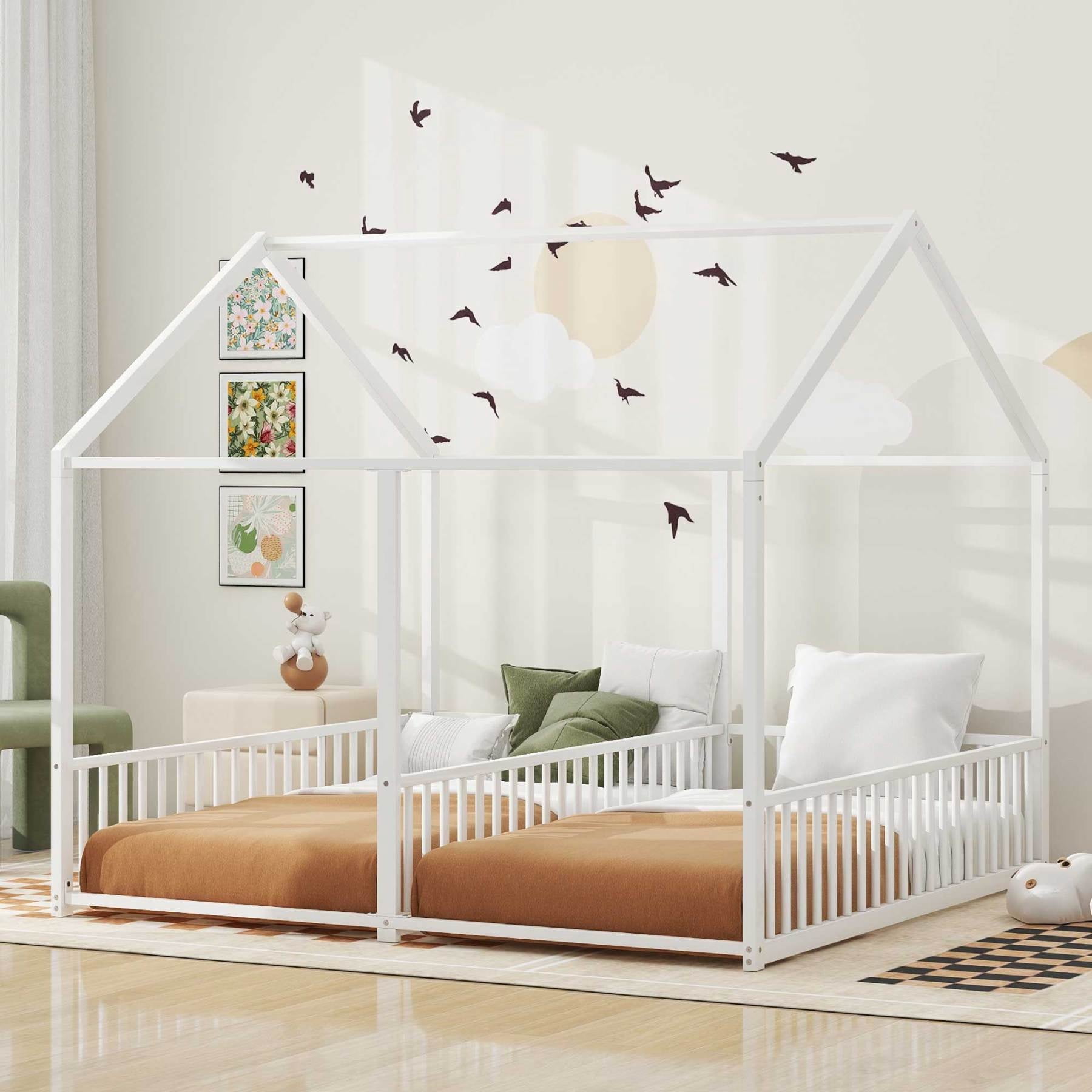 Harper & Bright Designs Metal Twin Size House Platform Beds, Two Shared Beds with Safety Guardrails, Fun Roof and Window Design, Antique White
