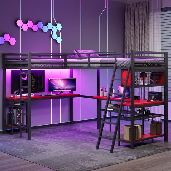 Harper & Bright Designs Metal Twin Size L-Shaped Loft Bed with LED, Gaming Loft Bed Frame with Desk, Storage Shelves and 2 Charging Stations for Gamer Bedroom, Black+Red