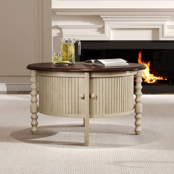 Harper & Bright Designs Mid Century Round Coffee Table with Storage, Vintage Center Table with Sliding Door, Wood Fluted End Table for living Room, Beige and Espresso