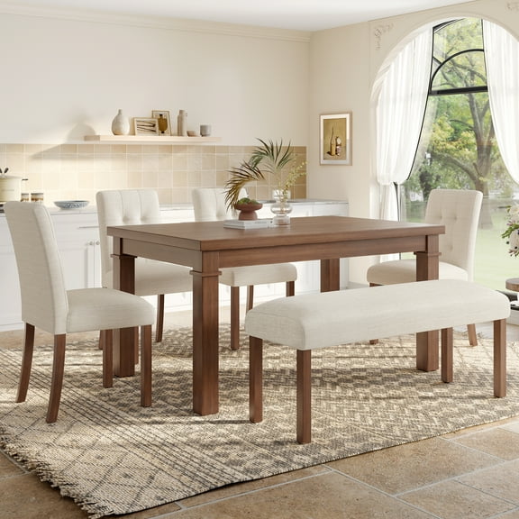 Harper & Bright Designs Minimalist Dining Table Set for 6 with Bench, 6 Pieces Rectangle Wood Kitchen Table Set with 4 Upholstered Chairs for Dining Room, Walnut