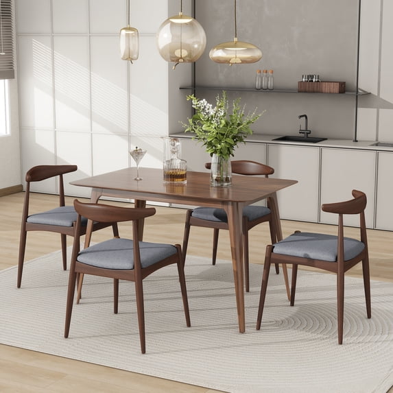 Harper & Bright Designs Minimalist Wood Dining Set for 4, 5 Pieces Rectangular Small Space Table Set with 4 Upholstered Chairs for Kitchen, Light Gray,Walnut