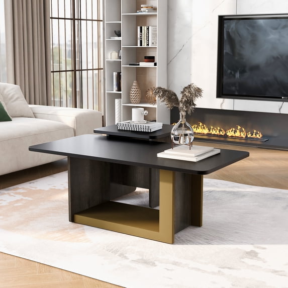 Harper & Bright Designs Modern Black Coffee Table Set of 2, Wood Center Table with End Table, Square Coffee Table with Storage for Living Room