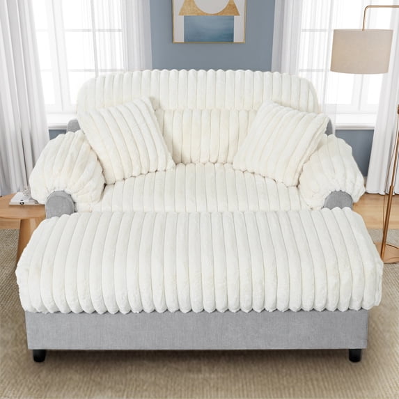 Harper & Bright Designs Modern Chaise Indoor Lounge, Cloud Sofa Bed Chair, Faux Rabbit Fur Fabric Lounge Chaise with Pillows for Living Room, Beige