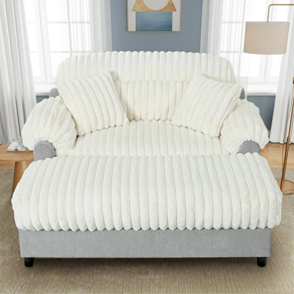 Harper & Bright Designs Modern Chaise Indoor Lounge, Cloud Sofa Bed Chair, Faux Rabbit Fur Fabric Lounge Chaise with Pillows for Living Room, Beige