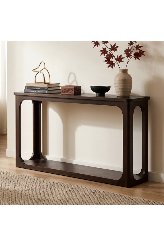 Modern Console Table with Open Bottom Shelf, Minimalist Wood Hallway Table with Cutouts Legs for Living Room, Entryway, Espresso 55"