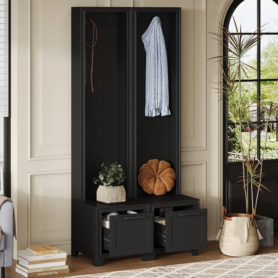 Harper & Bright Designs Modern Hall Tree with Bench , 3-IN-1 Coat Rack with Drawers and Hooks for Hallway , Black