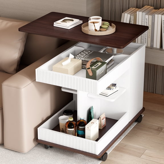 Harper & Bright Designs Modern Lift Top Coffee Table with Storage, Adjustable End Table with Wheels, Sofa Side Table for Small Space, White+Brown