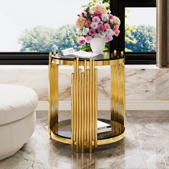 Harper & Bright Designs Modern Metal Round End Table with Storage, Gold Mirror Side Table with Lower Shelf and Tempered Glass Top for Living Room, Black 19.8"