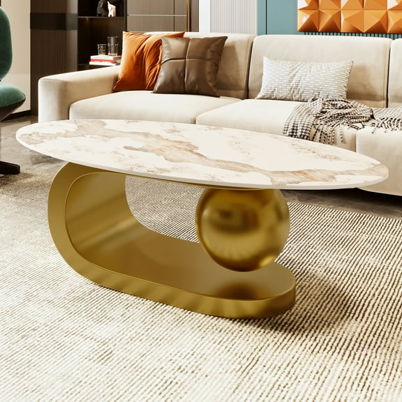 Harper & Bright Designs Modern Oval Coffee Table, Irregular Marble Center Table with Gold Steel Base for Living Room