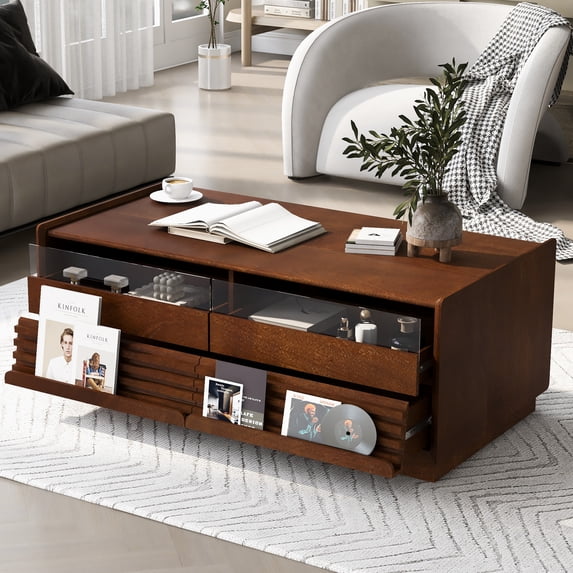 Harper & Bright Designs Modern Rectangle Coffee Table with Drawers, 47.2" Wood Fluted Center Table with Shelves for Living Room, Brown