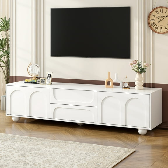 Harper & Bright Designs Modern TV Stand with Arched Doors and Drawers for 75 inch TV, Wood TV Storage Cabinet with Iron Round Legs and Rebound Device for Living Room, White