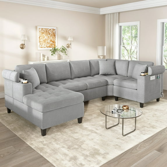 Harper & Bright Designs Modern U-shaped Sectional Sofa with Storage for Living Room, Oversized Corner Sectional Couch with Cup Holders and USB Por , Light Gray