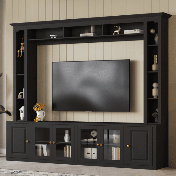 Harper & Bright Designs Modern Wall Unit Entertainment Center 4-Piece, Media Console with Bookshelves and Shelves, Large TV Stand with Tempered Glass Door for 80" TV, Black