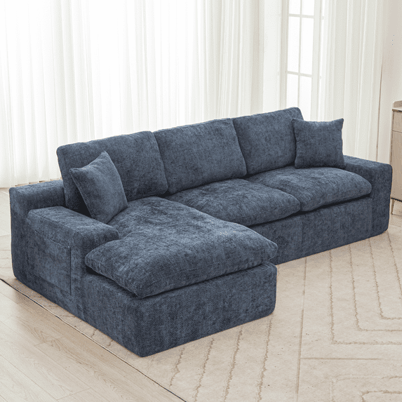 Harper & Bright Designs Modular Foam L-Shaped Sectional with Lounger, Chenille 3 Seater Compressed Sofa, Free Combination Floor Sponge Couch with Side Pockets, Blue