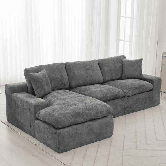 Harper & Bright Designs Modular Foam L-Shaped Sectional with Lounger, Chenille 3 Seater Compressed Sofa, Free Combination Floor Sponge Couch with Side Pockets, Grey