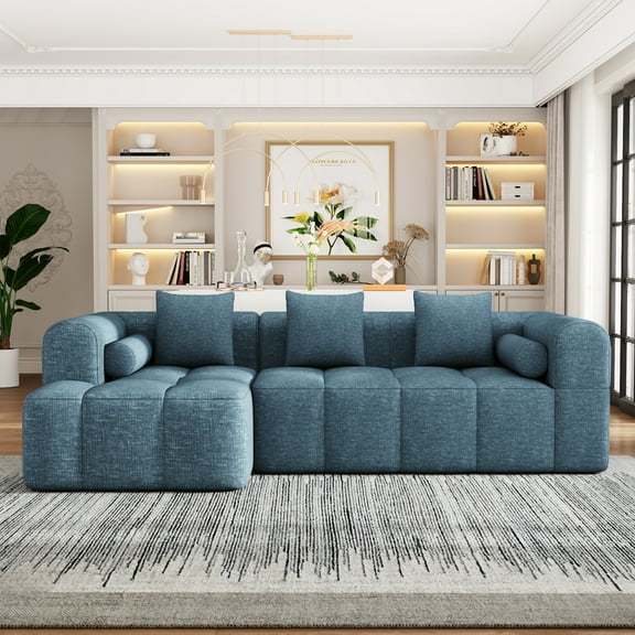 Harper & Bright Designs Modular Foam Sectional, Chenille 3 Seater Compressed Sofa, Free Combination Floor Sponge Couch with Deep Seating, 101.2", Blue