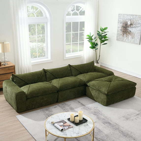 Harper & Bright Designs Modular Foam Sectional with Ottoman, Chenille 4 Seater Compressed Sofa, Free Combination Floor Sponge Couch with Integrated Backrest and Seat Cushion, 116'', Green