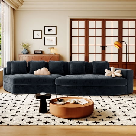 Harper & Bright Designs Modular Foam Sectional with Ottoman, Chenille Curved Compressed Sofa, 2 Piece Free Combination Floor Sponge Couch for Living Room Office, Navy Blue