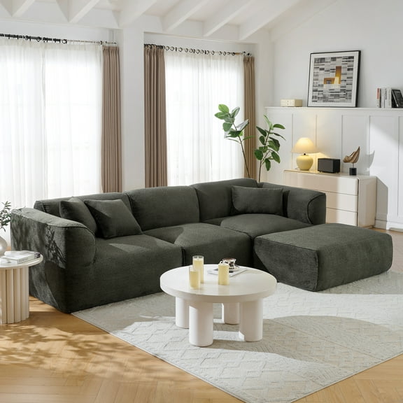 Harper & Bright Designs Modular Foam Sectional with Ottoman, Velvet 4 Seater Compressed Sofa, Floor Sponge Couch for Living Room, Grayish Green