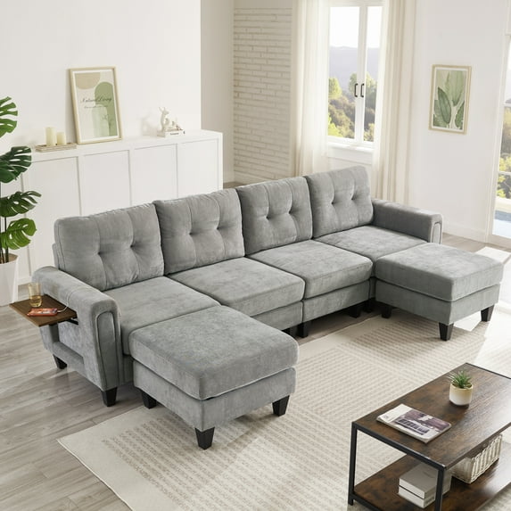 Harper & Bright Designs Modular Sectional Sofa Set with 2 Ottoman, 4-Seat U-Shaped Couch with USB Ports and Side Tables, Chenille Upholstered Sectional Sofa for Living Room, Grey