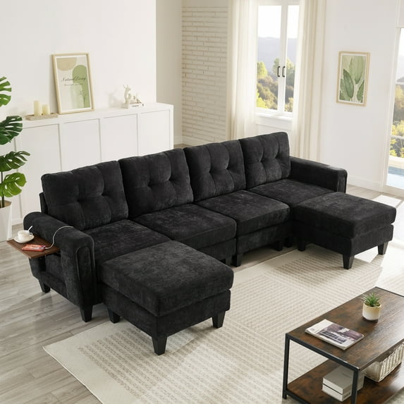 Harper & Bright Designs Modular Sectional Sofa Set with 2 Ottoman, 4-Seat U-Shaped Couch with USB Ports and Side Tables, Chenille Upholstered Sectional Sofa for Living Room, Black