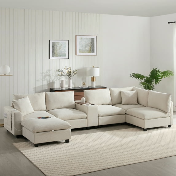Harper & Bright Designs Modular Sectional Sofa Set with 2 Ottoman and Cup Holder, 4-Seat U-Shaped Couch with Console and Wide Seat, Oversized Chenille Upholstered Sectional Sofe with USB, Beige