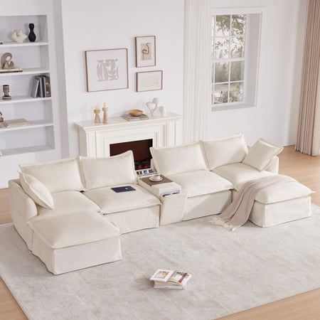 Harper & Bright Designs Modular Sectional Sofa Set with 2 Ottoman and Cup Holder, 4-Seat U-Shaped Couch with Wide Seat, Oversized Chenille Upholstered Sectional Sofe with USB and Charger, 131'', Beige