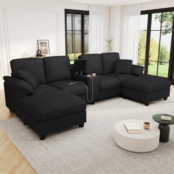 Harper & Bright Designs Modular Sectional Sofa Set with 2 Storage Ottoman and Cup Holder, U-Shaped Couch with Console, Corduroy Upholstered Sectional Sofa with USB Ports, Black