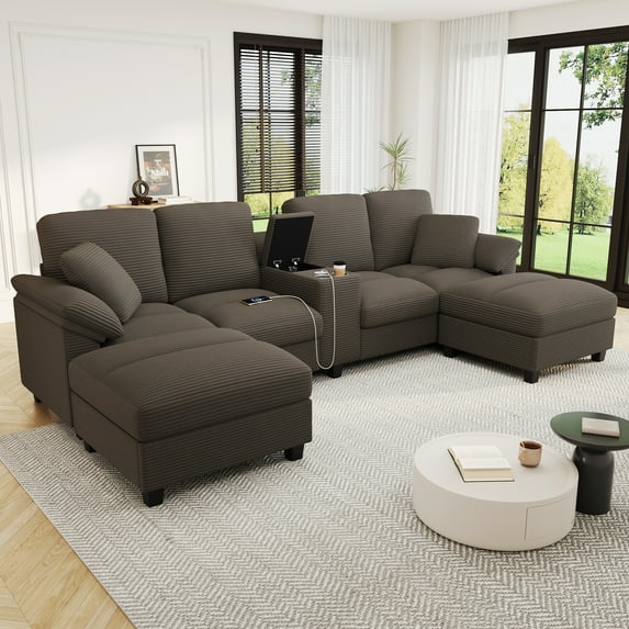 Harper & Bright Designs Modular Sectional Sofa Set with 2 Storage Ottoman and Cup Holder, U-Shaped Couch with Console, Corduroy Upholstered Sectional Sofa with USB Ports, Brown