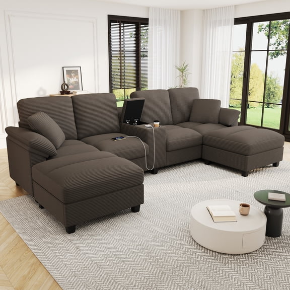 Harper & Bright Designs Modular Sectional Sofa Set with 2 Storage Ottoman and Cup Holder, U-Shaped Couch with Console, Corduroy Upholstered Sectional Sofa with USB Ports, Brown