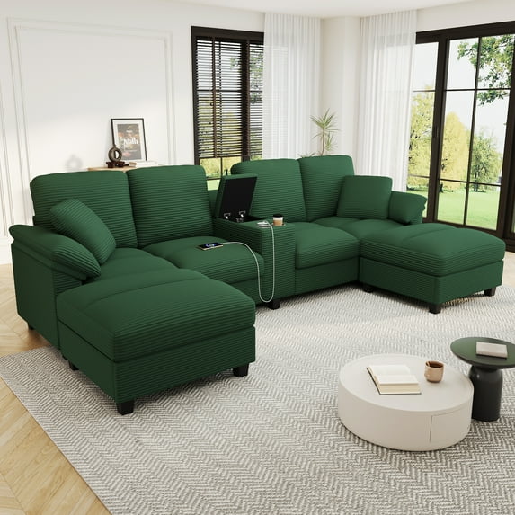 Harper & Bright Designs Modular Sectional Sofa Set with 2 Storage Ottoman and Cup Holder, U-Shaped Couch with Console, Corduroy Upholstered Sectional Sofa with USB Ports, Green