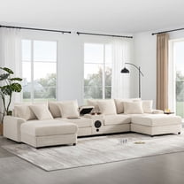 Harper & Bright Designs Modular Sectional Sofa Set with Console and 2 Ottoman, U-Shaped Couch with Cup Holder and Wide Seat, Oversized Chenille Sectional Sofa with Bluetooth Speakers, Cream