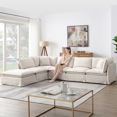 Harper & Bright Designs Modular Sectional Sofa Set with Movable Ottoman, Chenille 6-Seat L-Shaped Couch, Oversized Free Combination Sectional Sofe with for Living Room, Off White