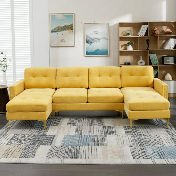 Harper & Bright Designs Modular Sectional Sofa Set with Ottoman and Chaise, 4-Seat U-Shaped Couch with Gold Legs, Velvet Upholstered Sectional Sofe with for Living Room Apartment, Yellow