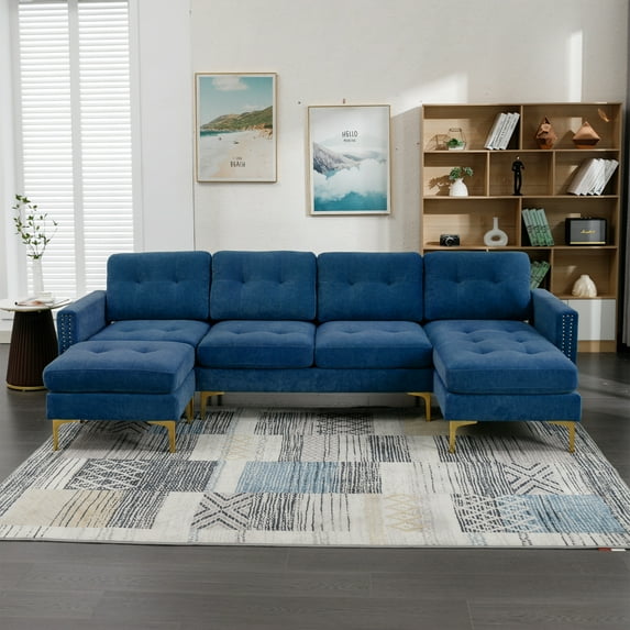 Harper & Bright Designs Modular Sectional Sofa Set with Ottoman and Chaise, 4-Seat U-Shaped Couch with Gold Legs, Velvet Upholstered Sectional Sofe with for Living Room Apartment, Blue